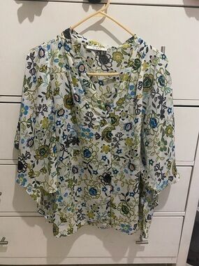 St. John Floral V-Neck Blouse in White, Blue, Green